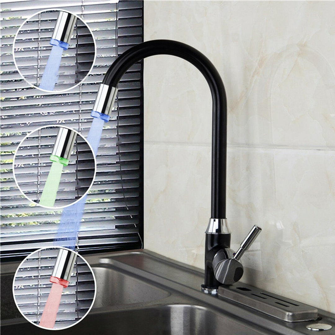 Black Plating Kitchen Sink Hot Cold Faucet Single Handle LED 3 Colors Changing Basin Mixer Tap Image 6