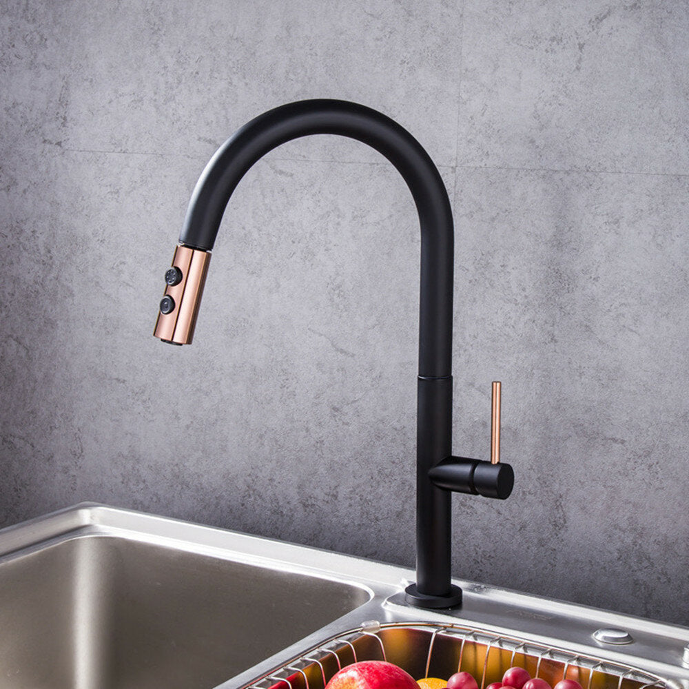 Black Gold Plating Brass Kitchen Sink Faucet Pull Out Down Hot Cold Water Single Handle Basin Mixer Tap Image 5