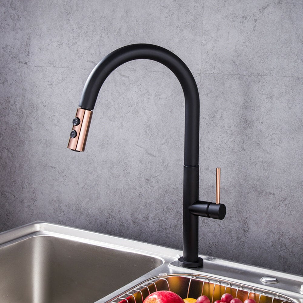 Black Gold Plating Brass Kitchen Sink Faucet Pull Out Down Hot Cold Water Single Handle Basin Mixer Tap Image 1