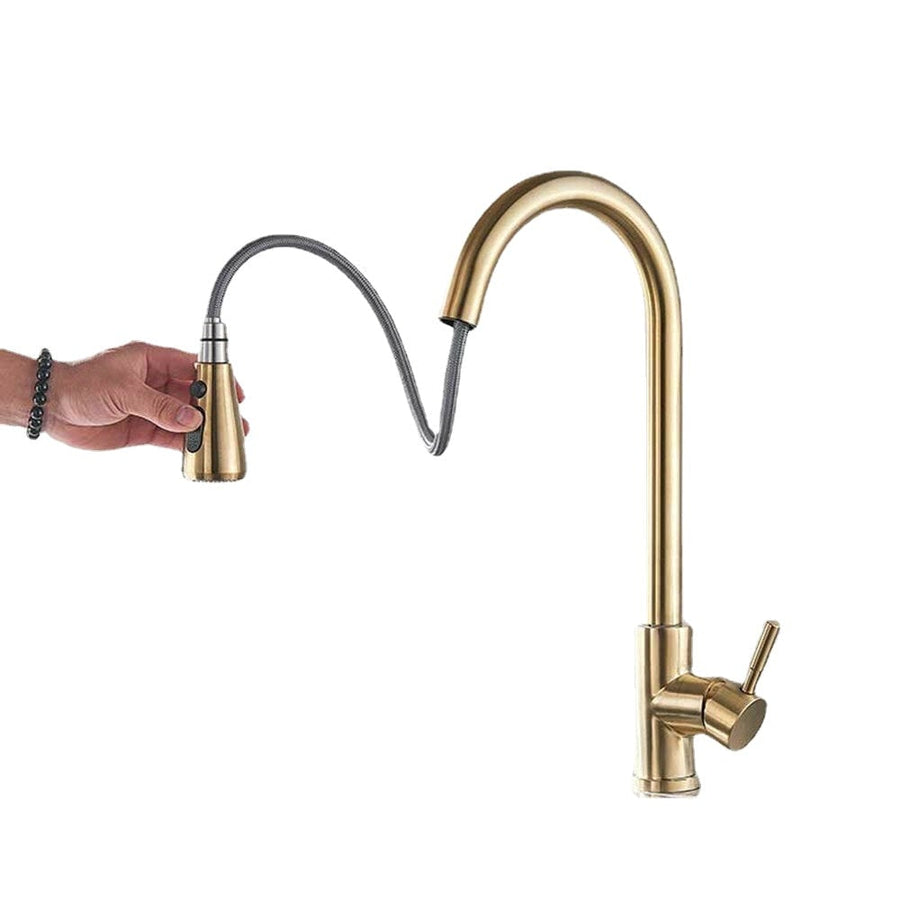 Brushed Gold Hot Cold Kitchen Sink Faucets Brass 360 Rotation Single Lever Pull Out Mixers Tap Image 1