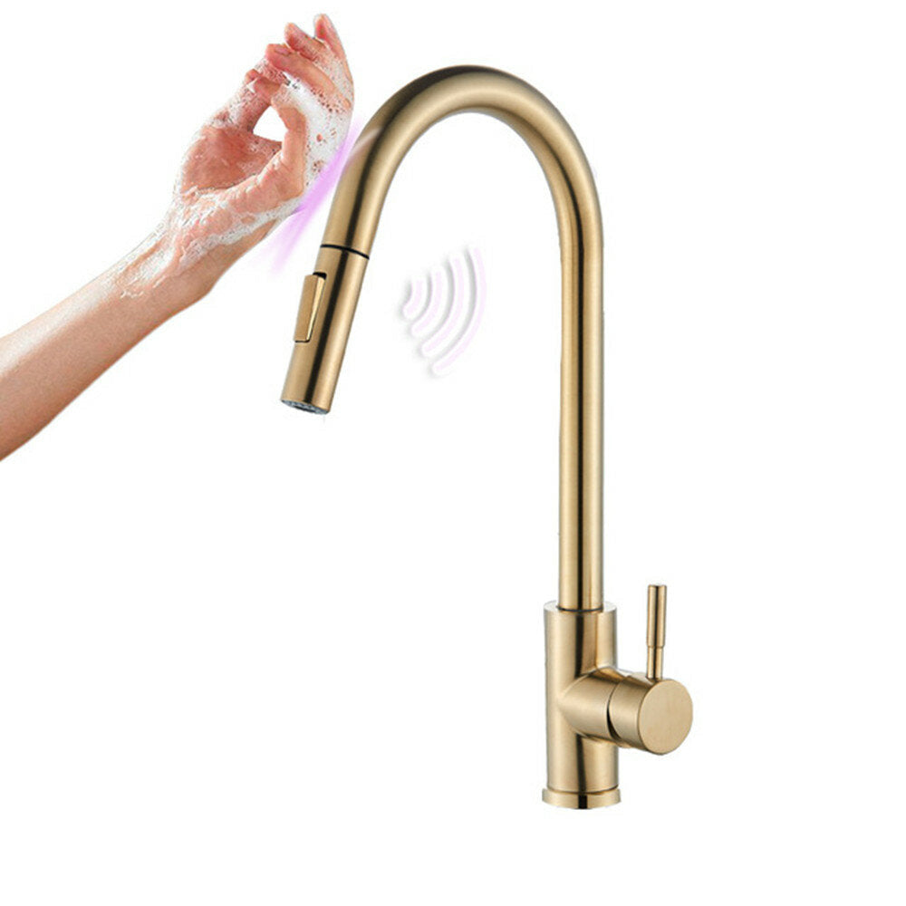 Brushed Gold Stainless Steel Kitchen Sink Faucets Mixer 360 Rotation Smart Touch Sensor Pull Out Hot Cold Water Tap Image 1