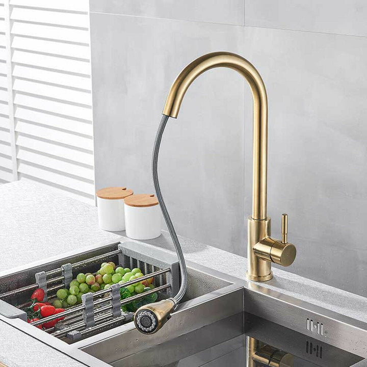 Brushed Gold Hot Cold Kitchen Sink Faucets Brass 360 Rotation Single Lever Pull Out Mixers Tap Image 2