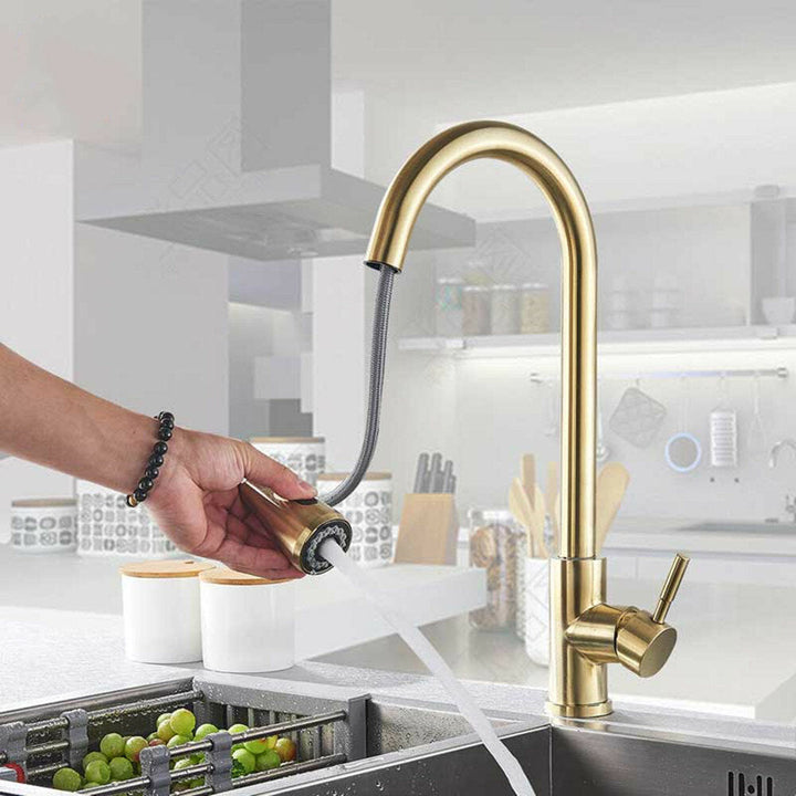 Brushed Gold Hot Cold Kitchen Sink Faucets Brass 360 Rotation Single Lever Pull Out Mixers Tap Image 3