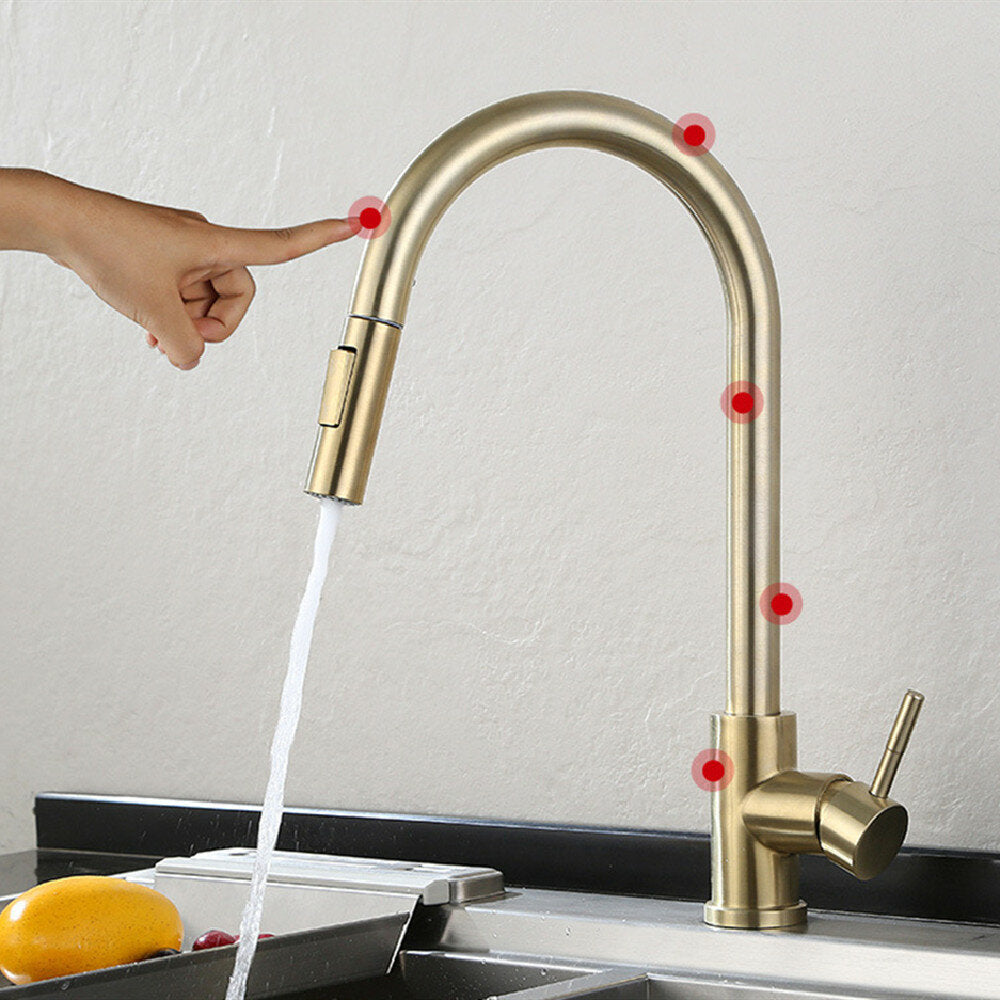 Brushed Gold Stainless Steel Kitchen Sink Faucets Mixer 360 Rotation Smart Touch Sensor Pull Out Hot Cold Water Tap Image 3