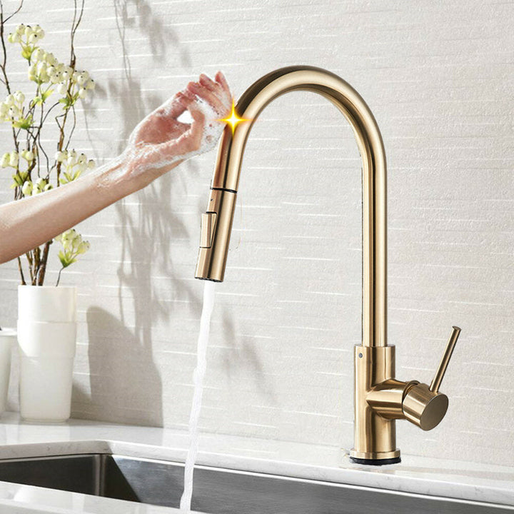 Brushed Gold Stainless Steel Kitchen Sink Faucets Mixer 360 Rotation Smart Touch Sensor Pull Out Hot Cold Water Tap Image 4