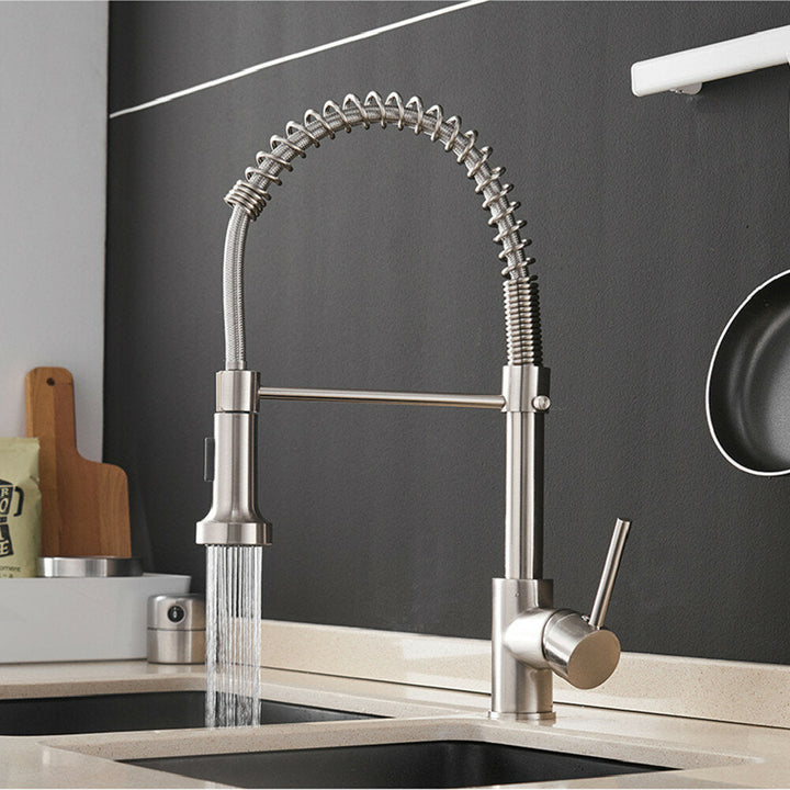 Brushed Nickel Hot Cold Kitchen Sink Faucets Brass 360 Rotation Single Lever Pull Out Spring Spout Mixers Tap Crane Image 2