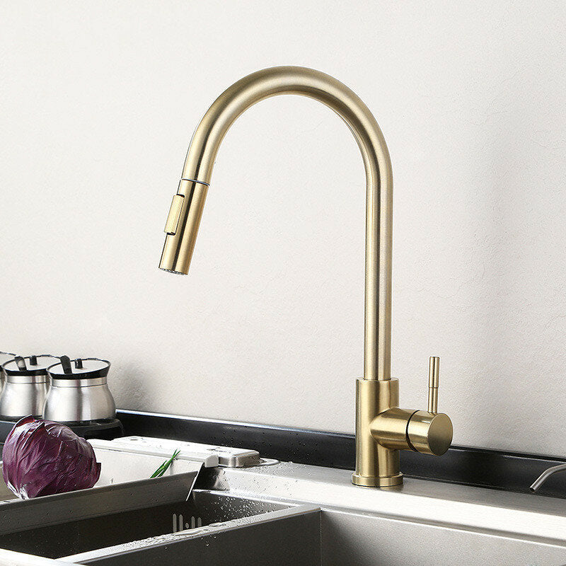 Brushed Gold Kitchen Sink Faucet Pull Out Water Tap Single Handle Mixer 360 Rotate Image 2