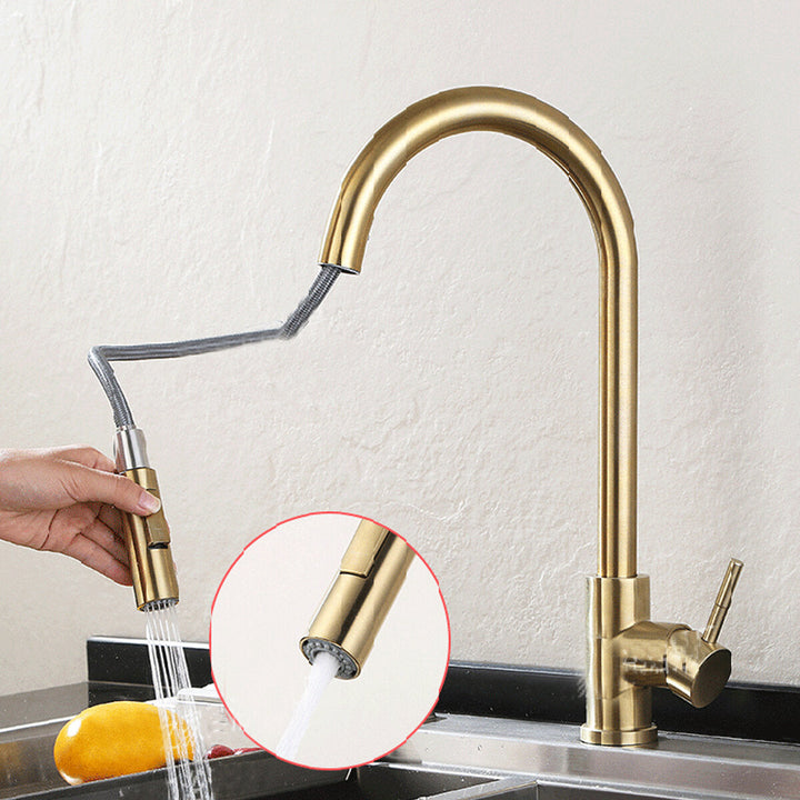 Brushed Gold Kitchen Sink Faucet Pull Out Water Tap Single Handle Mixer 360 Rotate Image 3