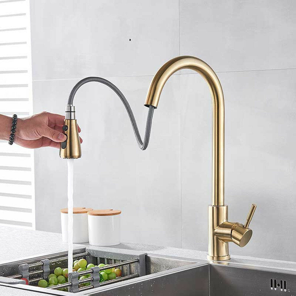 Brushed Gold Hot Cold Kitchen Sink Faucets Brass 360 Rotation Single Lever Pull Out Mixers Tap Image 4