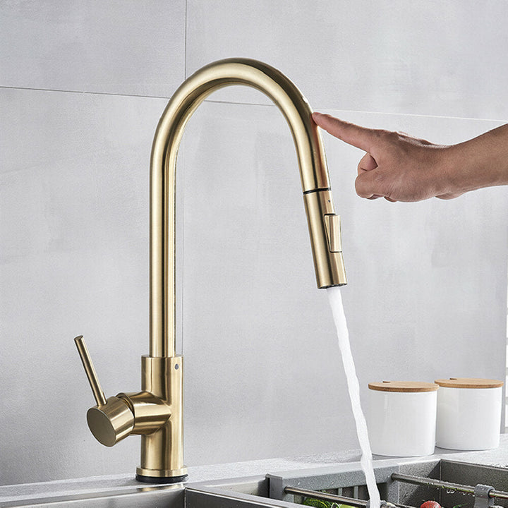 Brushed Gold Stainless Steel Kitchen Sink Faucets Mixer 360 Rotation Smart Touch Sensor Pull Out Hot Cold Water Tap Image 5