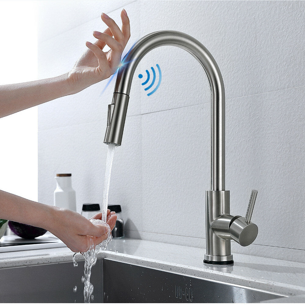 Brushed Nickel Stainless Steel Kitchen Sink Faucets Mixer 360 Rotation Smart Touch Sensor Pull Out Hot Cold Water Tap Image 2