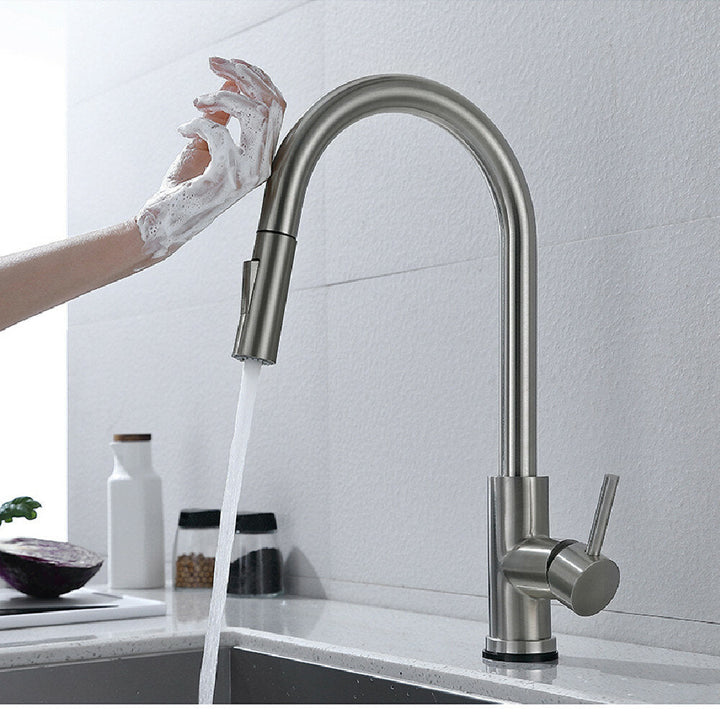 Brushed Nickel Stainless Steel Kitchen Sink Faucets Mixer 360 Rotation Smart Touch Sensor Pull Out Hot Cold Water Tap Image 3