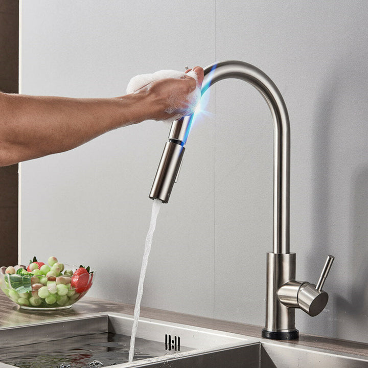 Brushed Nickel Stainless Steel Kitchen Sink Faucets Mixer 360 Rotation Smart Touch Sensor Pull Out Hot Cold Water Tap Image 4