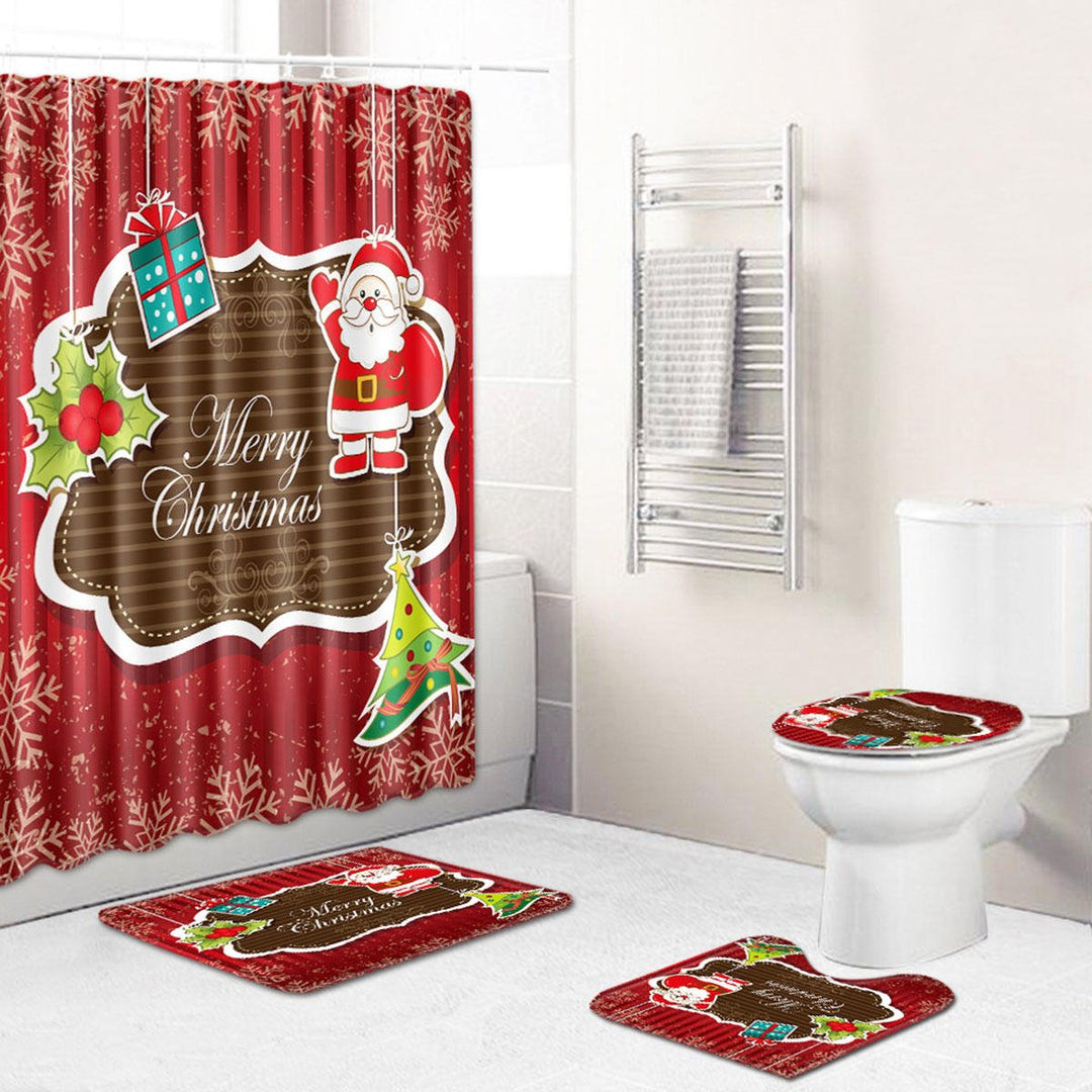 Christmas Santa Claus Waterproof Shower Curtain Set Bath Mat Set Toilet Cover Image 1