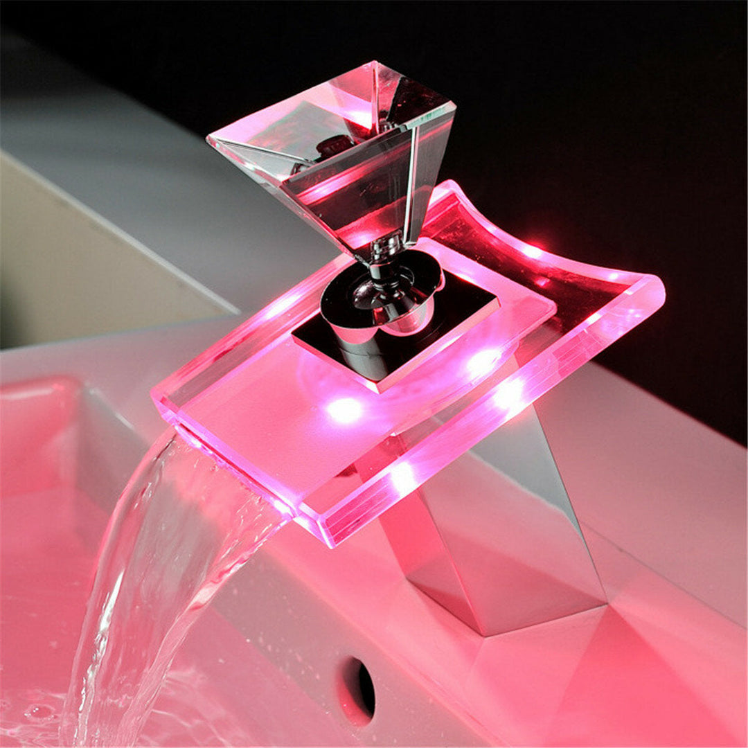 Color LED Changing Waterfall Faucet Bathroom Sink Glass Mixer TapColor LED Changing Waterfall Faucet Bathroom Sink Glass Image 2