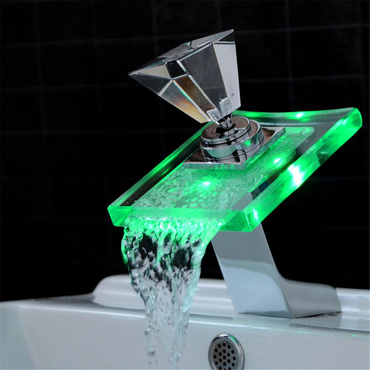 Color LED Changing Waterfall Faucet Bathroom Sink Glass Mixer TapColor LED Changing Waterfall Faucet Bathroom Sink Glass Image 3