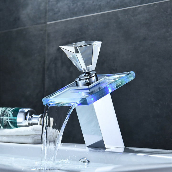 Color LED Changing Waterfall Faucet Bathroom Sink Glass Mixer TapColor LED Changing Waterfall Faucet Bathroom Sink Glass Image 4