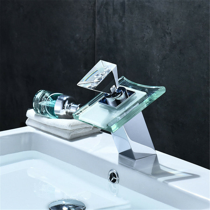 Color LED Changing Waterfall Faucet Bathroom Sink Glass Mixer TapColor LED Changing Waterfall Faucet Bathroom Sink Glass Image 5