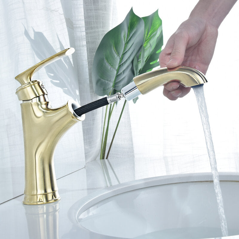 Copper Bathroom Basin Faucet Pull Out Spring Sprayer Tap Hot and Cold Water Single Hole Deck Mount Mixer Image 2