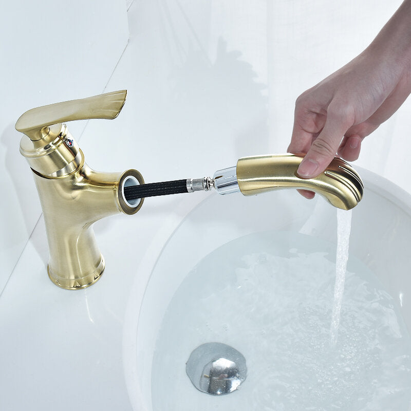 Copper Bathroom Basin Faucet Pull Out Spring Sprayer Tap Hot and Cold Water Single Hole Deck Mount Mixer Image 8