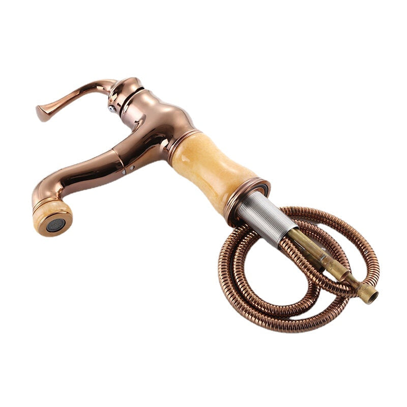 Copper Retro Antique Bathroom Basin Pull Out Faucet Down Sprayer Single Hole Hot Cold Mixer Tap 360 Rotation Image 4