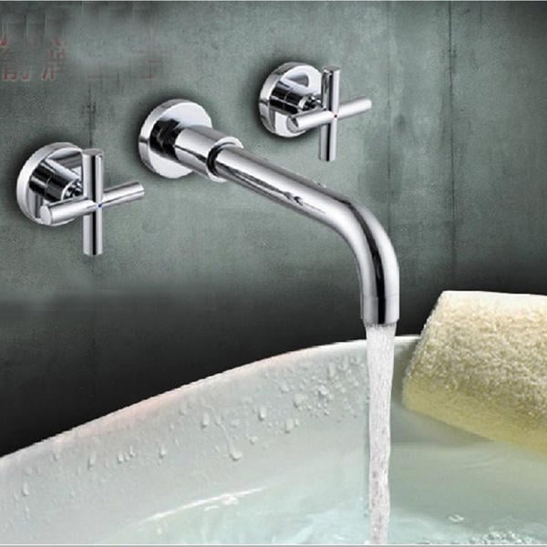 Chrome Brass Modern Wall Mounted 3 Hole Bath Faucet Tap Image 2