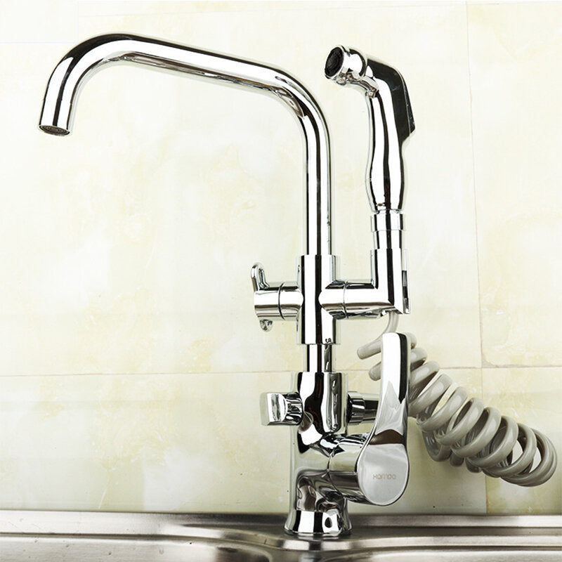 Chrome Kitchen Faucet Dual Sprayer Swivel Spout Spring Pull Out Spray Mixer Tap Image 3