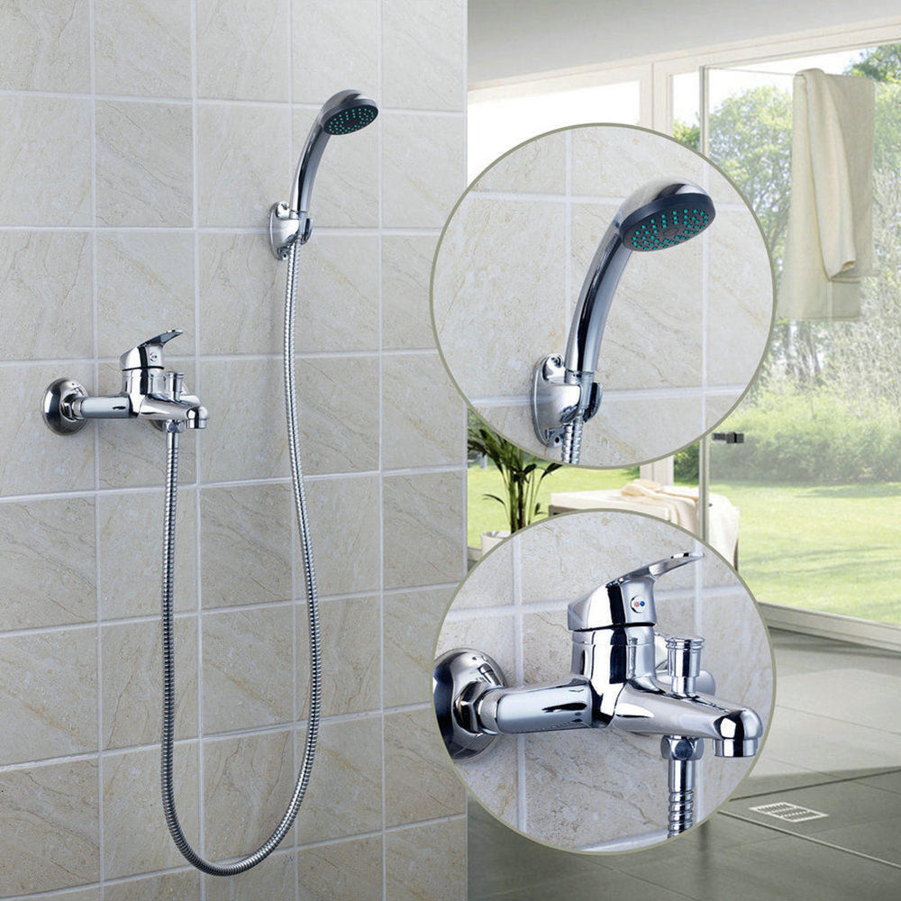 Chrome Wall Mounted Bathroom Bathtub Shower Faucet Set Mixer With Hand Sprayer Image 2