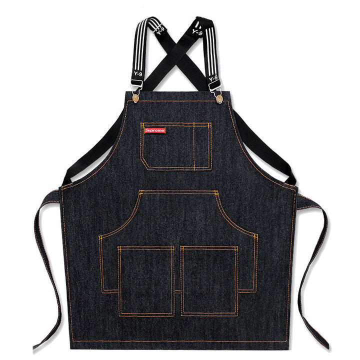 Denim Kitchen Cooking Apron Adjustable Cotton Strap Large Pockets Blue Barista Men and Women Homewear Image 1