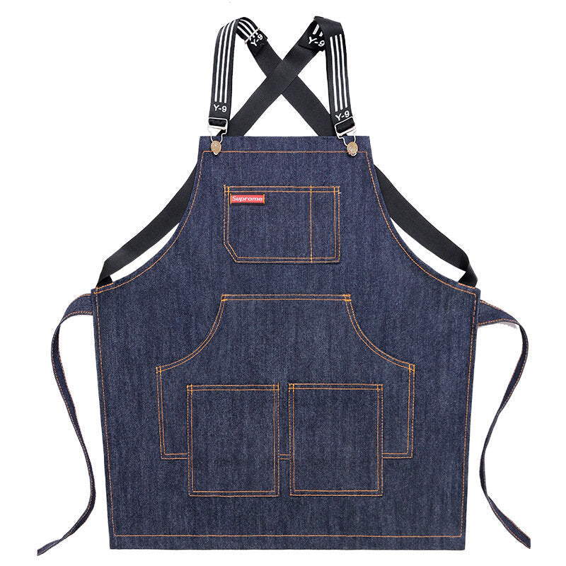 Denim Kitchen Cooking Apron Adjustable Cotton Strap Large Pockets Blue Barista Men and Women Homewear Image 2