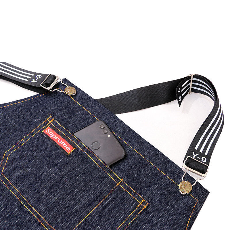 Denim Kitchen Cooking Apron Adjustable Cotton Strap Large Pockets Blue Barista Men and Women Homewear Image 4