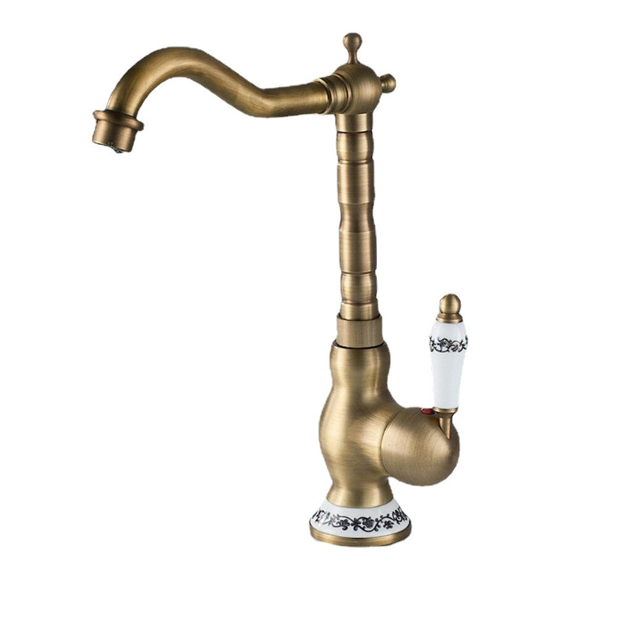 Kitchen Faucet Antique Brass Swivel Single Hole Bathroom Basin Sink Tap Porcelain Handle Rotatable Crane Image 1