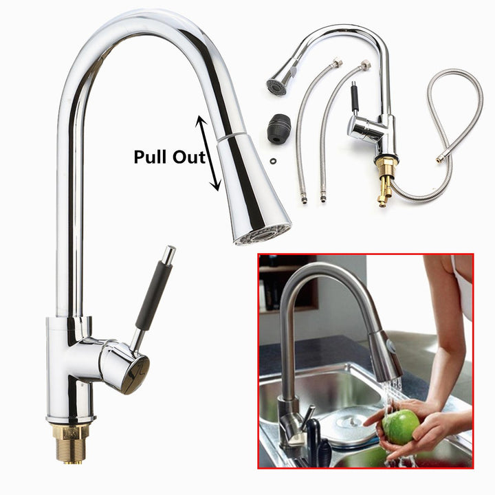 Kitchen Basin Sink Pull Out Tap Faucet Swivel Gooseneck Spout Spray Water Mixer Image 2