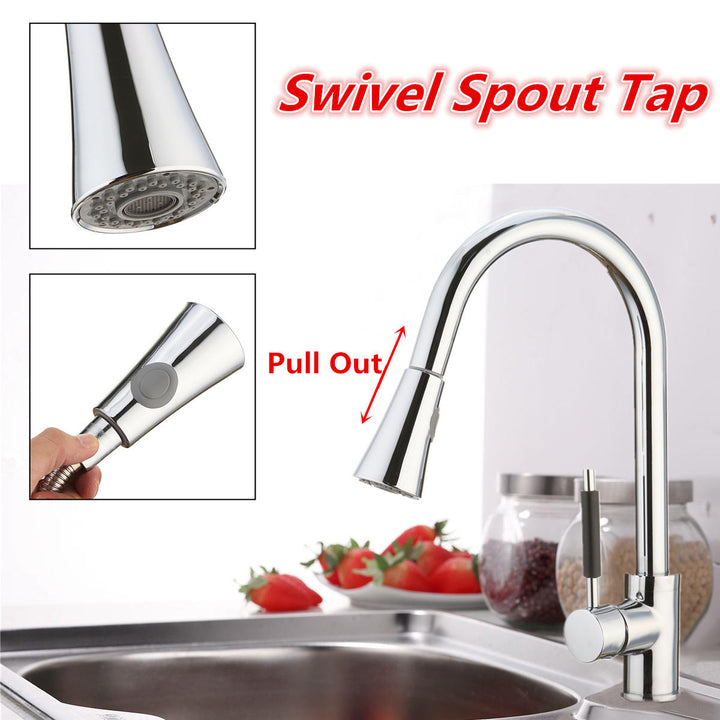 Kitchen Basin Sink Pull Out Tap Faucet Swivel Gooseneck Spout Spray Water Mixer Image 3