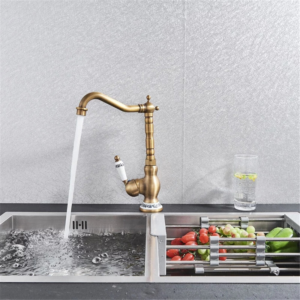 Kitchen Faucet Antique Brass Swivel Single Hole Bathroom Basin Sink Tap Porcelain Handle Rotatable Crane Image 2