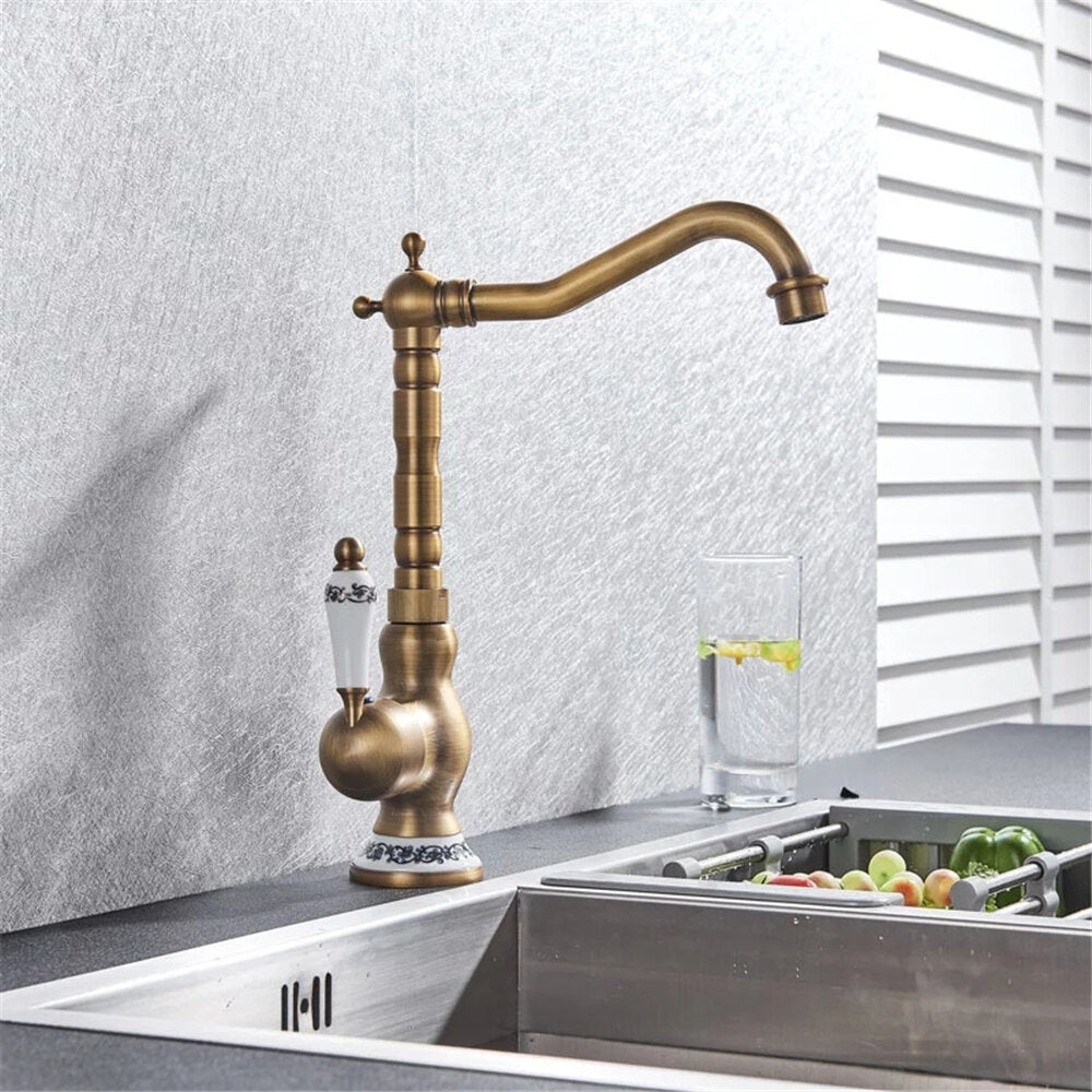 Kitchen Faucet Antique Brass Swivel Single Hole Bathroom Basin Sink Tap Porcelain Handle Rotatable Crane Image 3