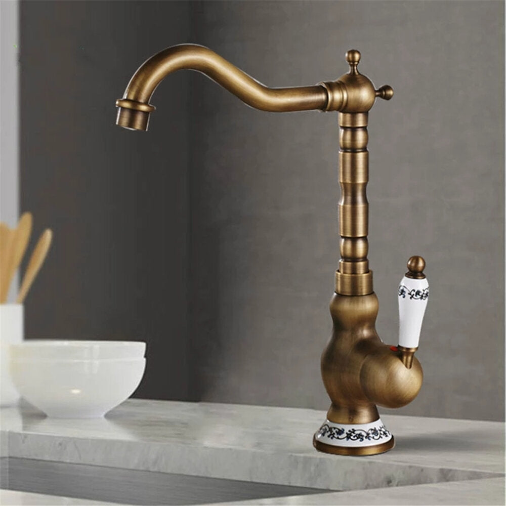 Kitchen Faucet Antique Brass Swivel Single Hole Bathroom Basin Sink Tap Porcelain Handle Rotatable Crane Image 4