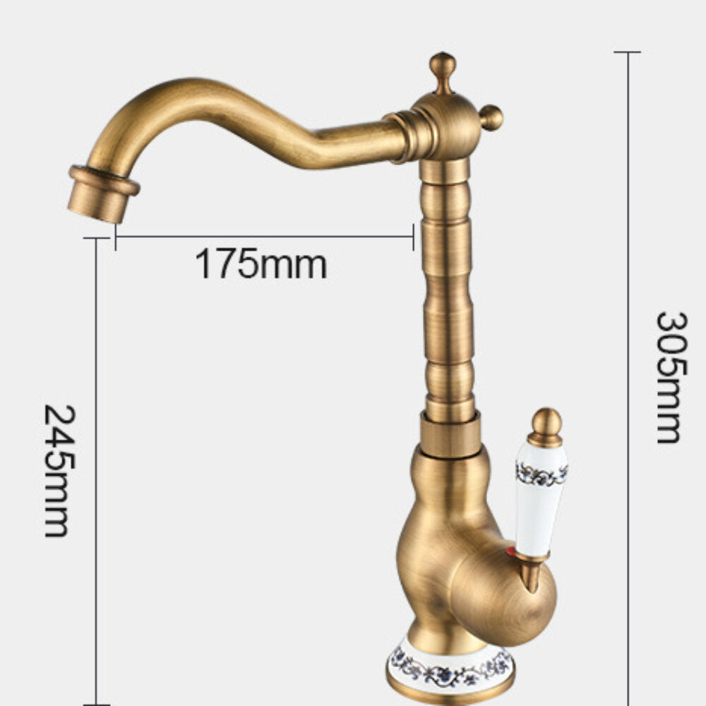 Kitchen Faucet Antique Brass Swivel Single Hole Bathroom Basin Sink Tap Porcelain Handle Rotatable Crane Image 5