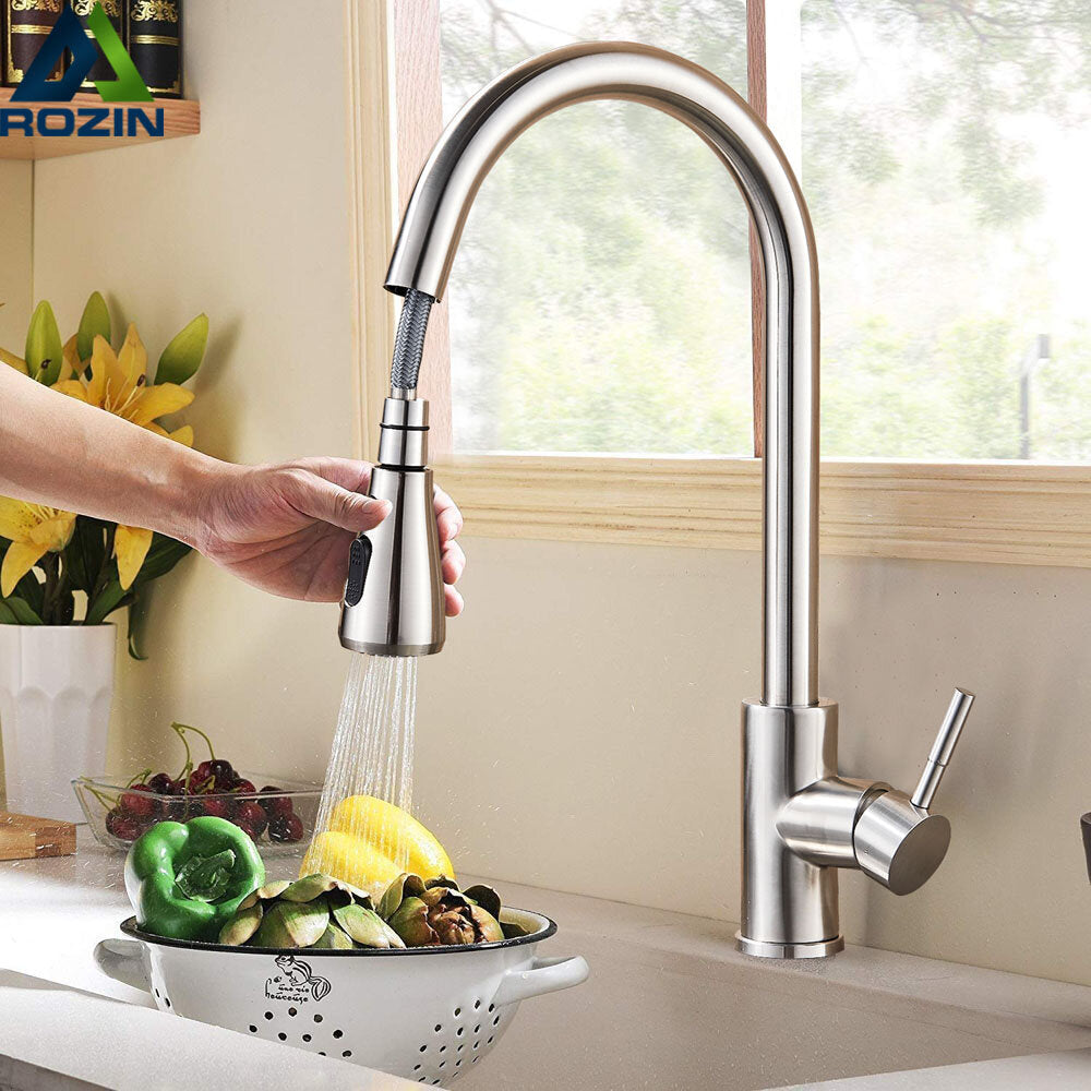 Kitchen Pull-Out Faucet Tap Mixer Spout Finish Brushed Swivel Spray 360 Image 6