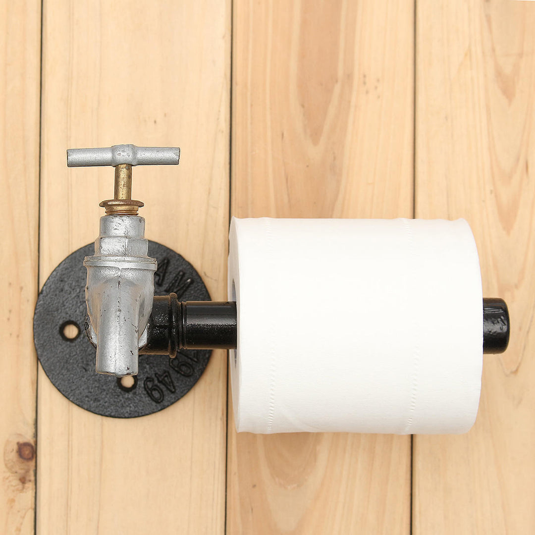 Industrial Iron Pipe Toilet Paper Tissue Roll Holder Faucet Style Rustic Wall Mounted Image 2