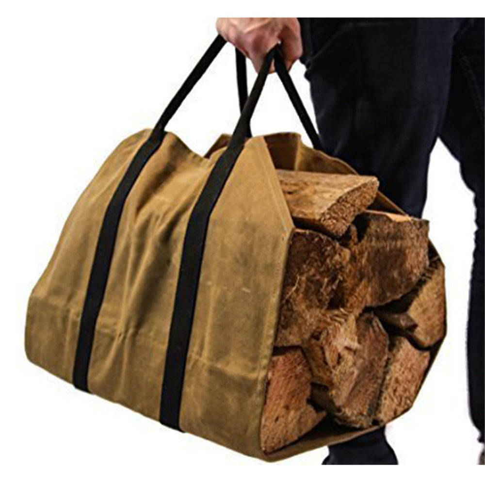 khaki Firewood Carrier Log Carrier Wood Carrying Tool Bag for Fireplace Waxed Canvas Image 2