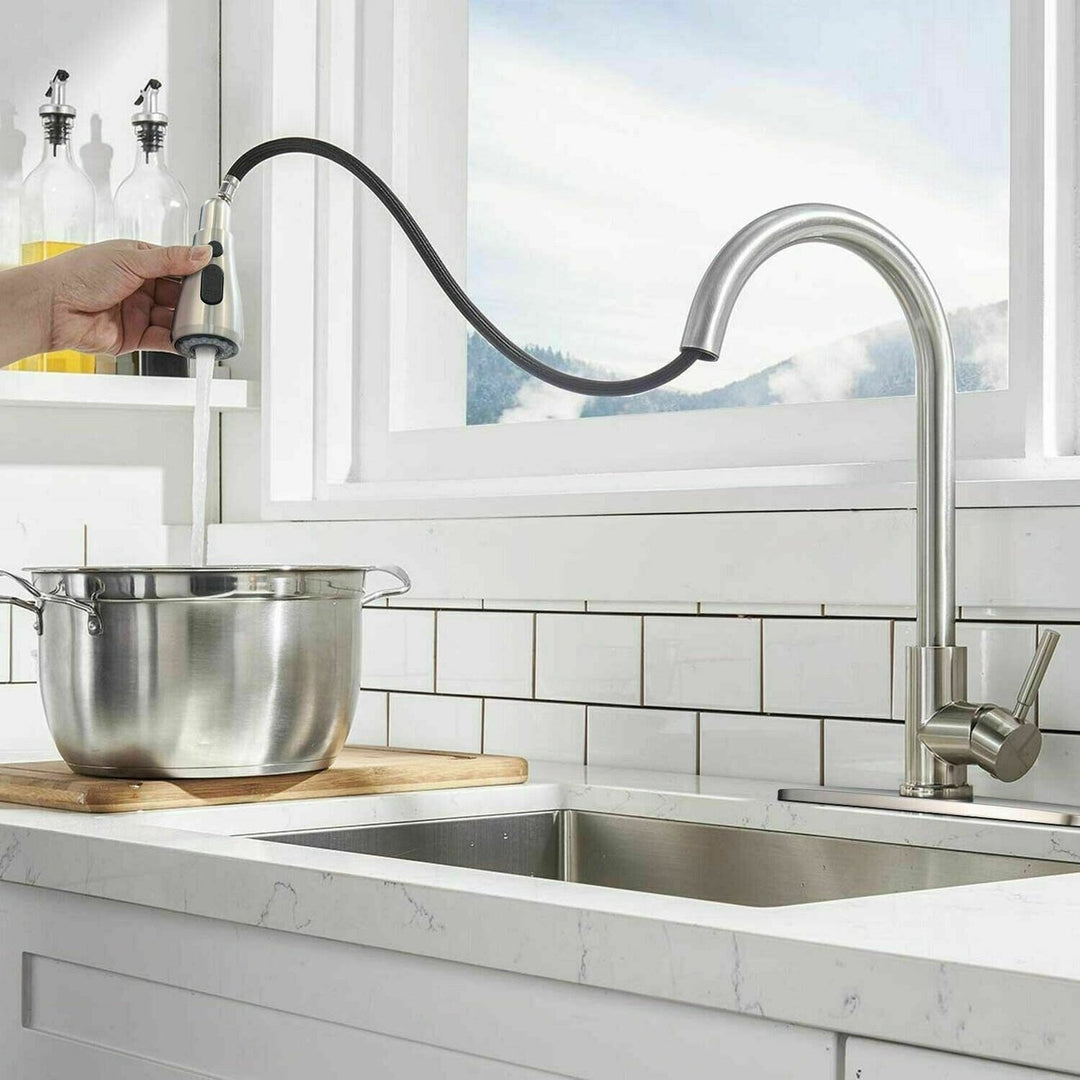 Kitchen Faucet With Pull Down Sprayer Brushed Nickel High Arc Single Handle Stainless Steel Hot Cold Mixer Tap Image 2