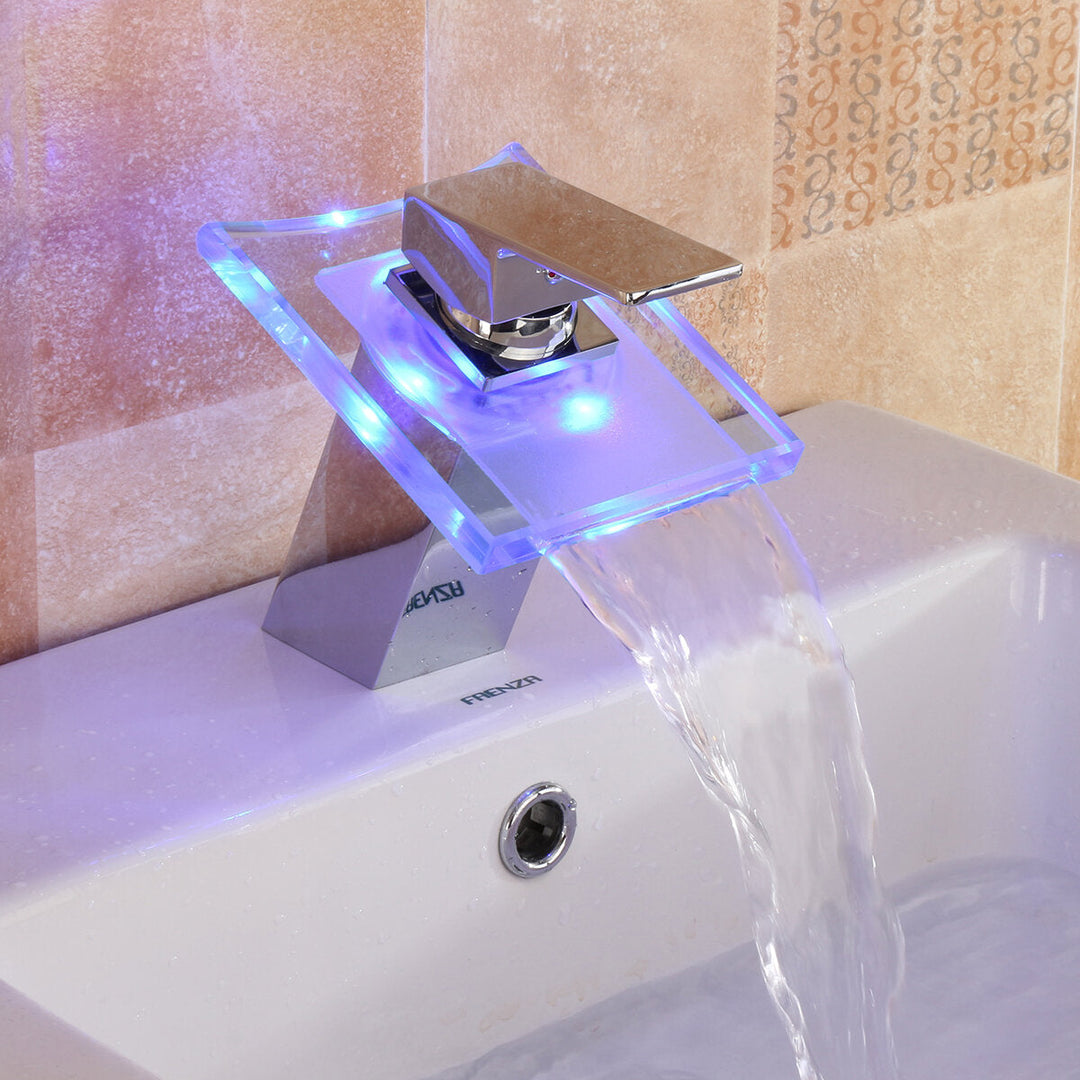 LED Color Changing Waterfall Faucet Bathroom Sink Glass Basin Bathtub Mixer Tap Image 2