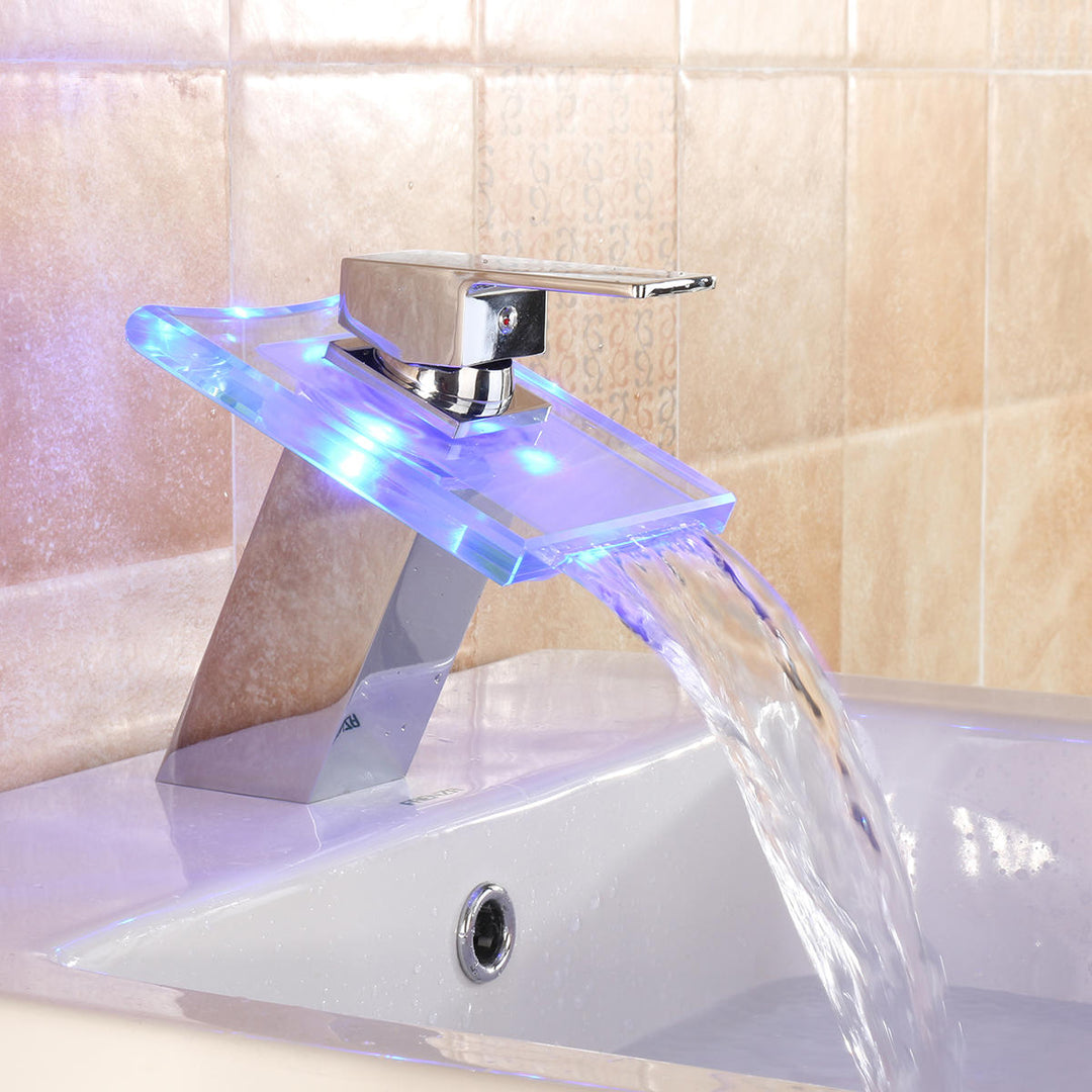 LED Color Changing Waterfall Faucet Bathroom Sink Glass Basin Bathtub Mixer Tap Image 3