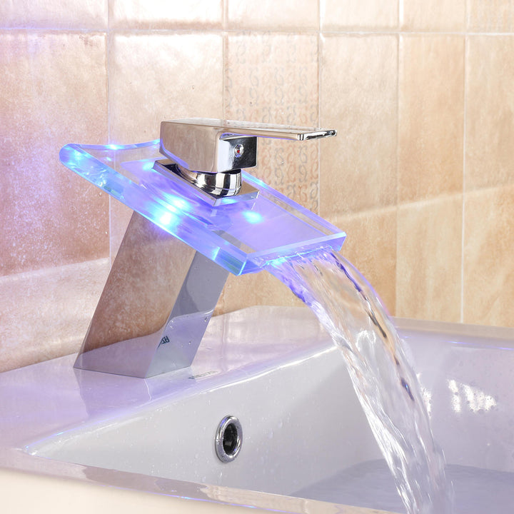 LED Color Changing Waterfall Faucet Bathroom Sink Glass Basin Bathtub Mixer Tap Image 3