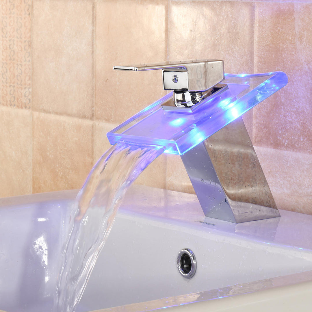 LED Color Changing Waterfall Faucet Bathroom Sink Glass Basin Bathtub Mixer Tap Image 4