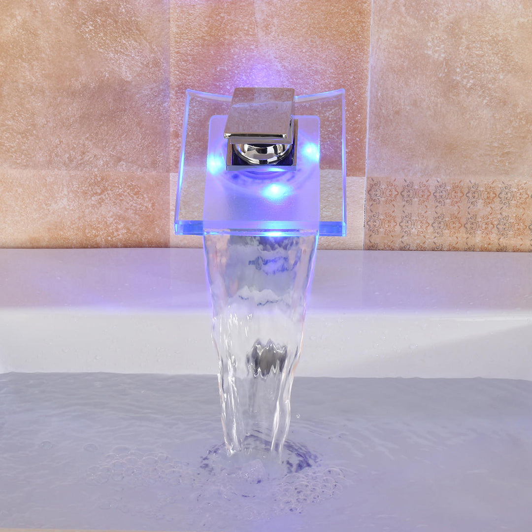 LED Color Changing Waterfall Faucet Bathroom Sink Glass Basin Bathtub Mixer Tap Image 5