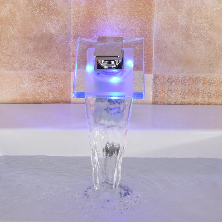 LED Color Changing Waterfall Faucet Bathroom Sink Glass Basin Bathtub Mixer Tap Image 5