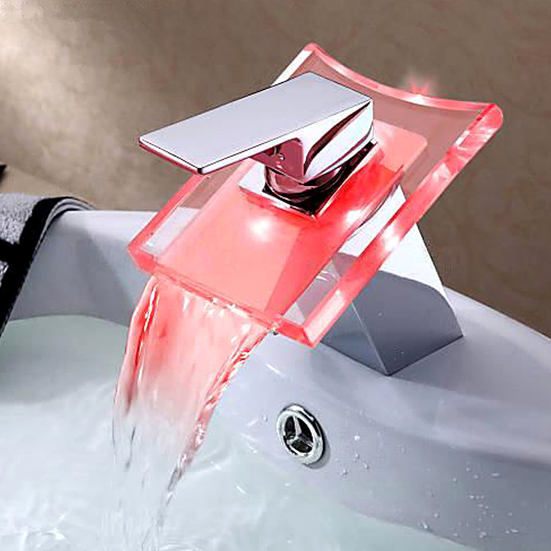 LED Color Changing Waterfall Faucet Bathroom Sink Glass Basin Bathtub Mixer Tap Image 6