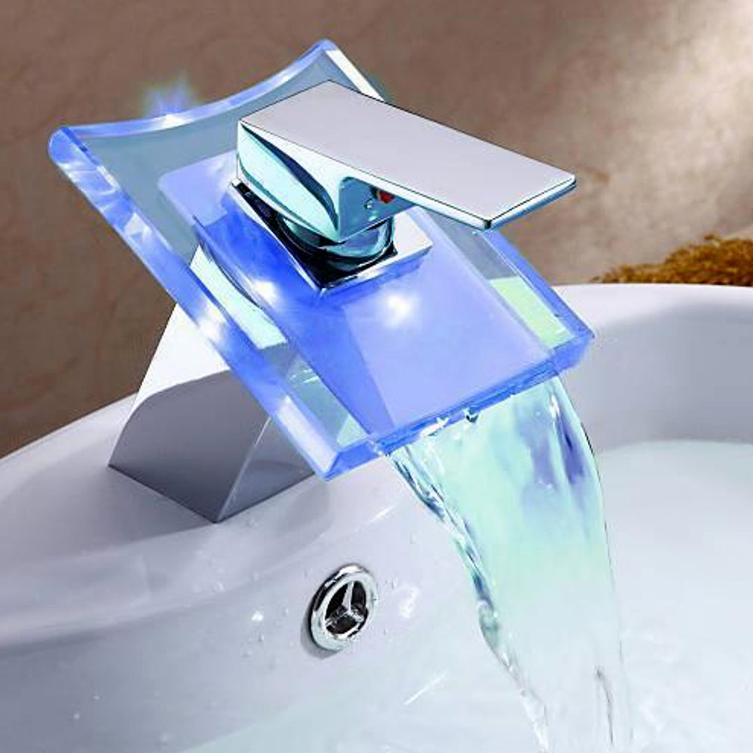 LED Color Changing Waterfall Faucet Bathroom Sink Glass Basin Bathtub Mixer Tap Image 7